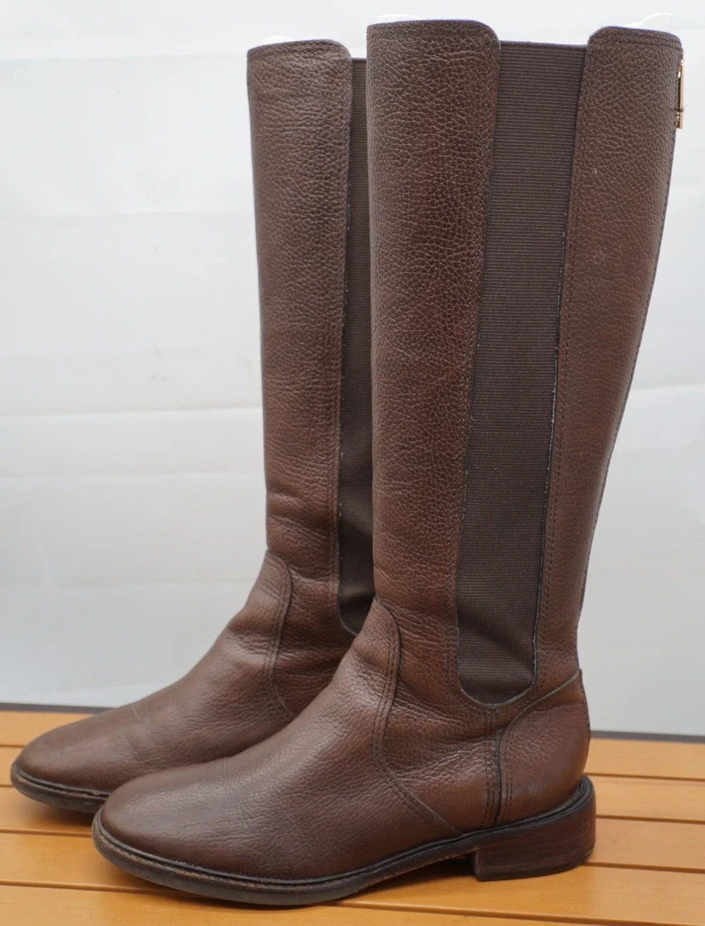 Tory Burch Christy Tall Riding Boots Brown Pebbled Leather Rear Zip Size: 8.5 M